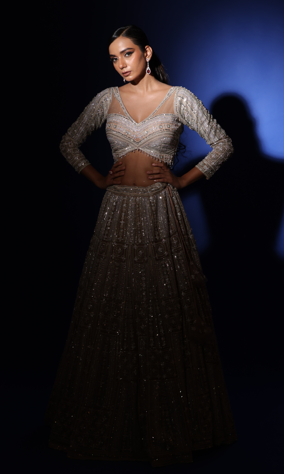 Beige Semi Georgette Handwork Lehenga With Stitched Blouse And Dupatta