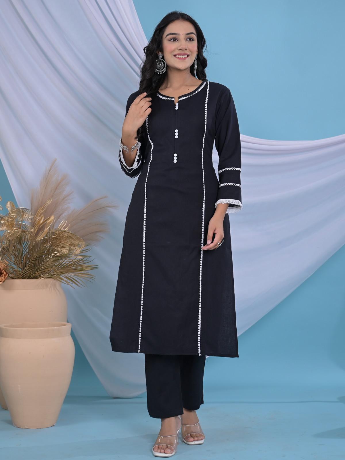 Black Semi Cotton Solid Kurta Set