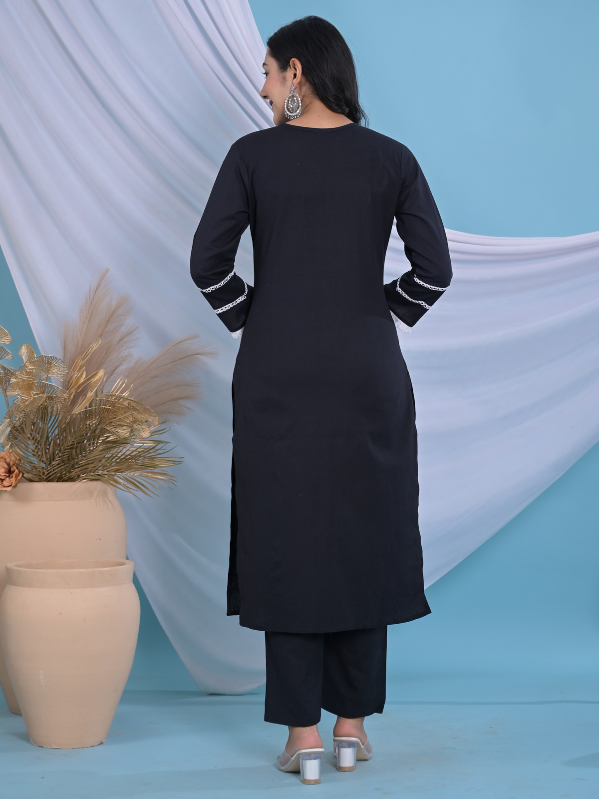 Black Semi Cotton Solid Kurta Set