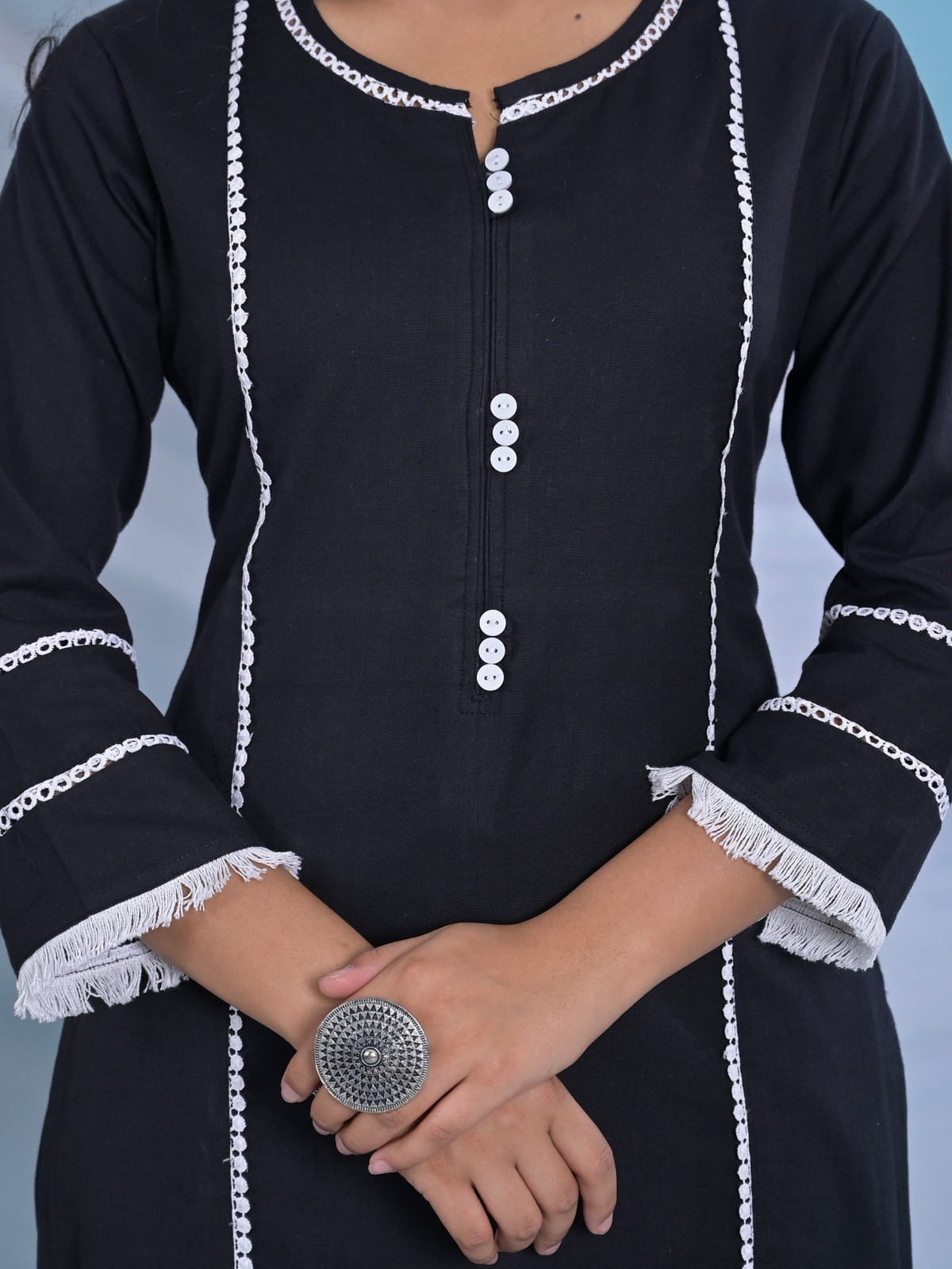 Black Semi Cotton Solid Kurta Set