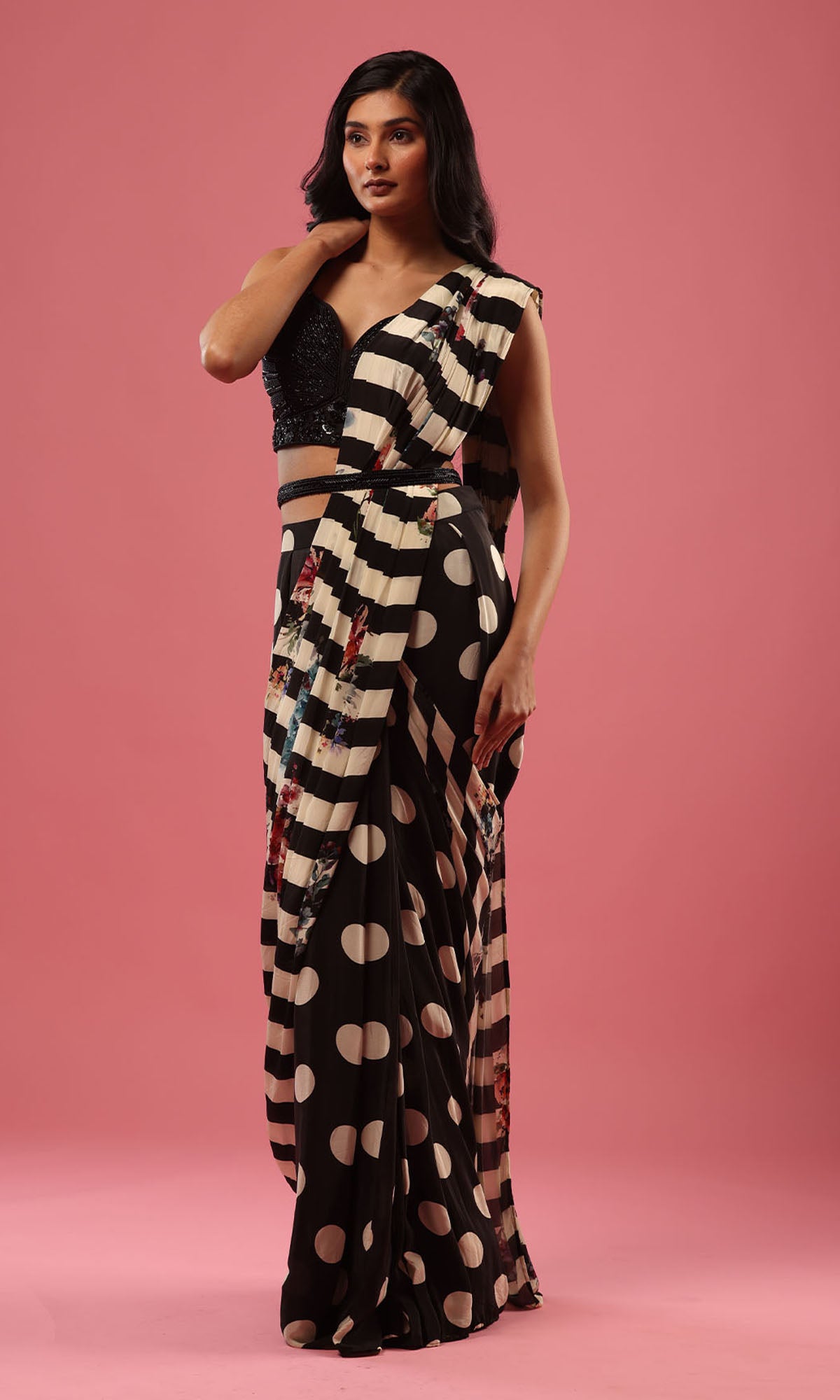 Black Semi Georgette Crepe Printed Drape Saree With Embellished Blouse And Belt