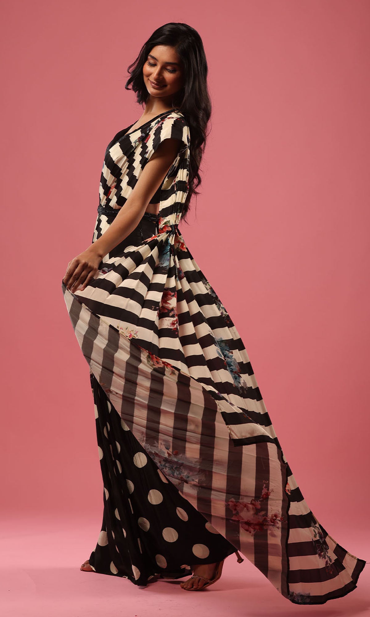 Black Semi Georgette Crepe Printed Drape Saree With Embellished Blouse And Belt