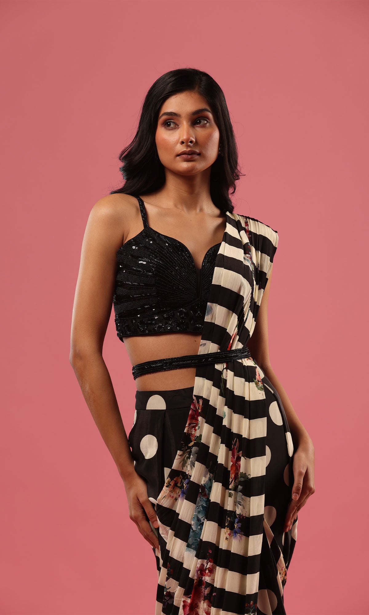 Black Semi Georgette Crepe Printed Drape Saree With Embellished Blouse And Belt