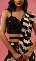 Black Semi Georgette Crepe Printed Drape Saree With Embellished Blouse And Belt