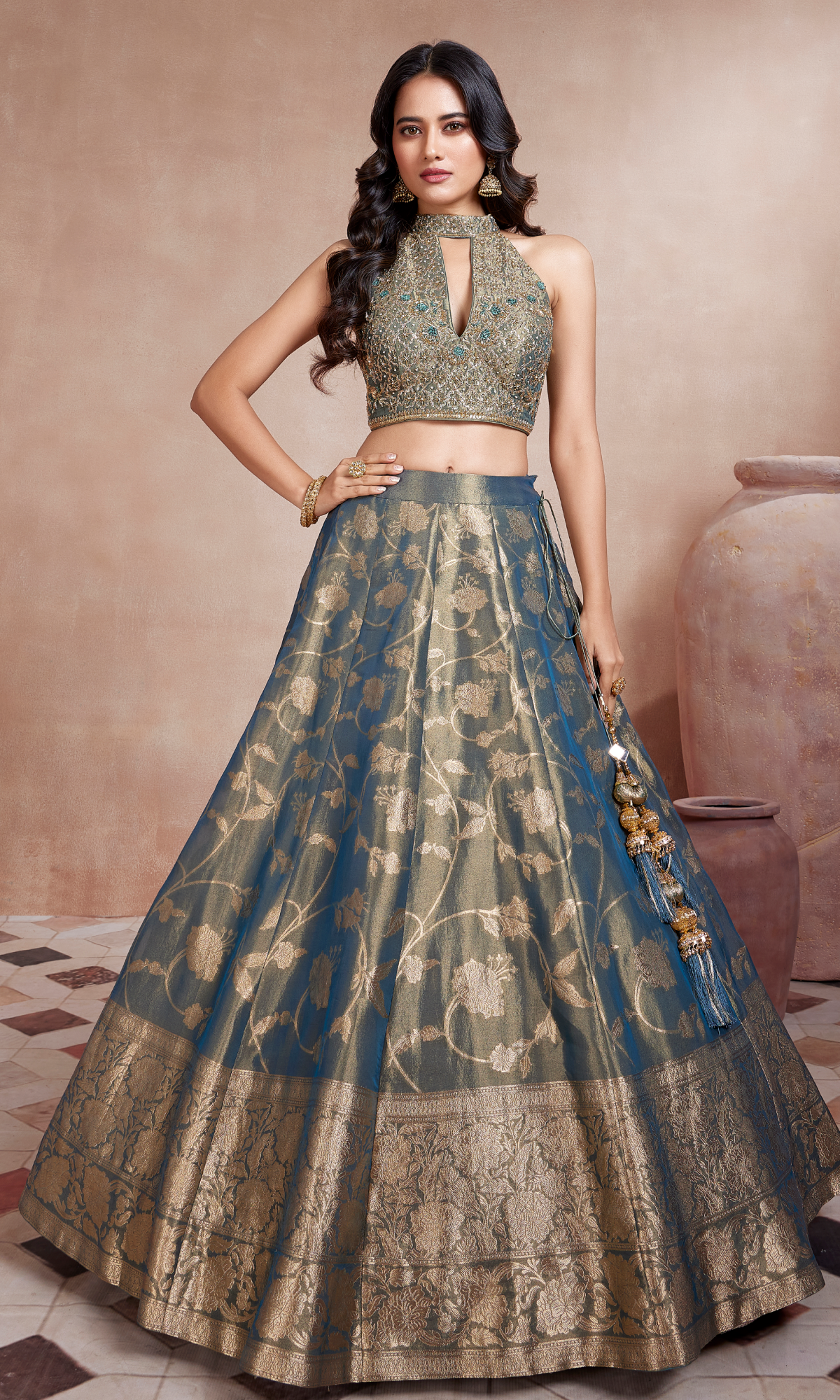 Teal Handwork Lehenga With Sleeveless Blouse And Dupatta