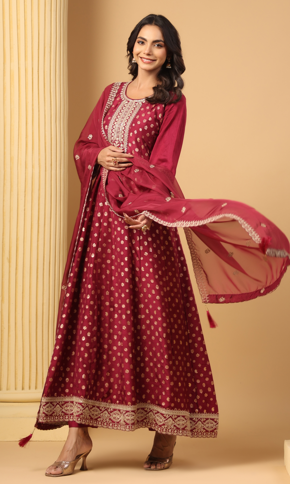 Maroon Semi Crepe Printed Anarkali Suit
