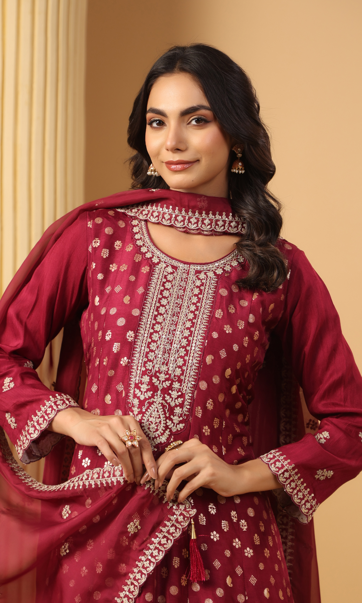 Maroon Semi Crepe Printed Anarkali Suit