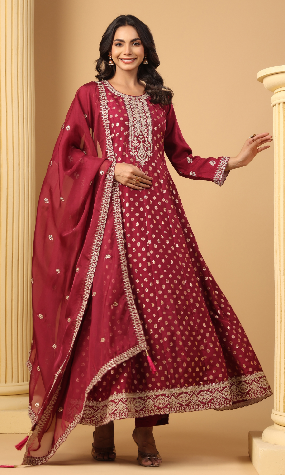 Maroon Semi Crepe Printed Anarkali Suit