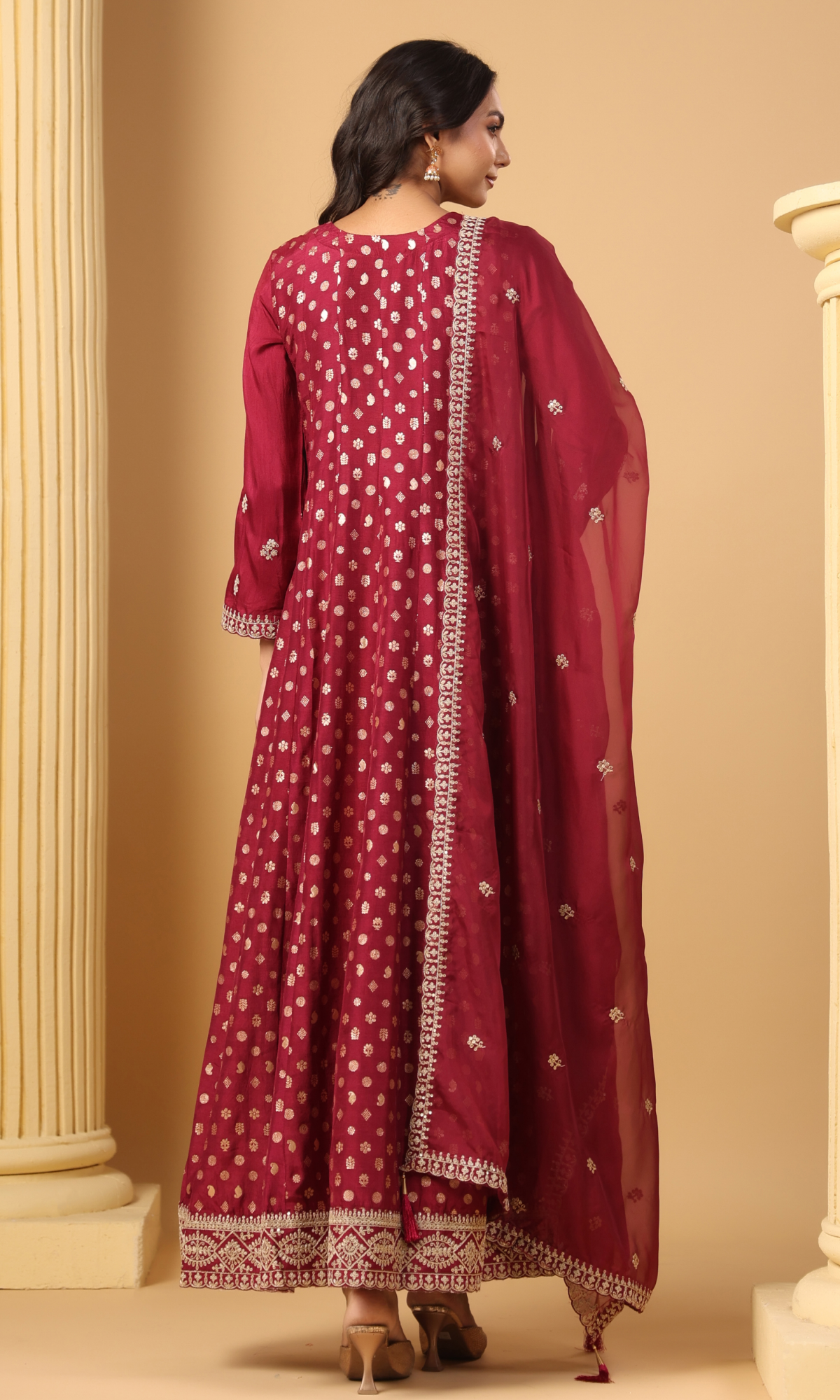 Maroon Semi Crepe Printed Anarkali Suit