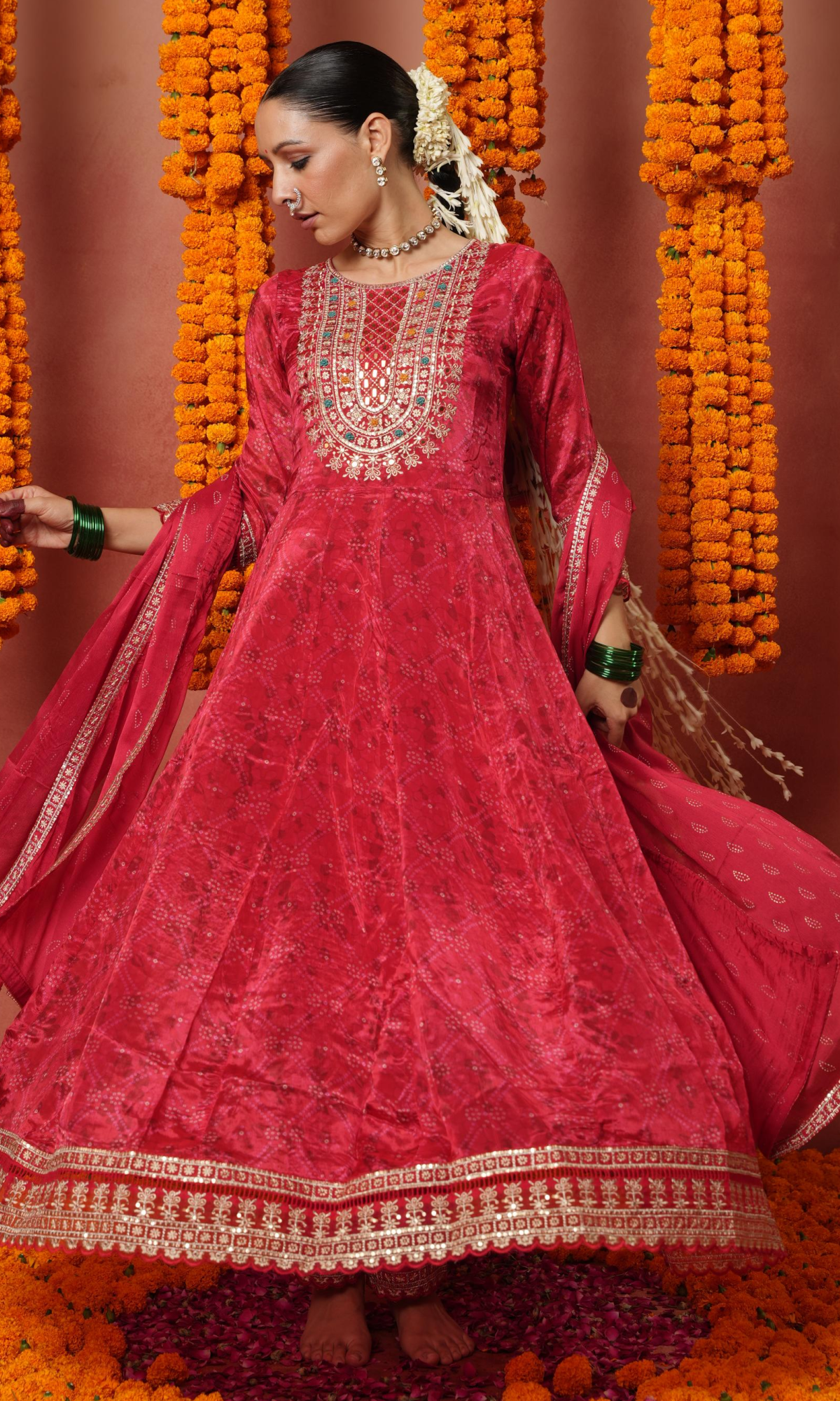 Red Semi Crepe Embroidered Anarkali Suit