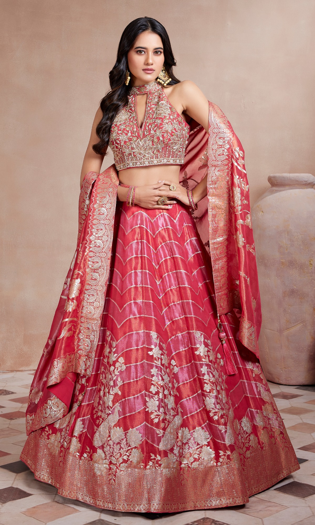 Pink Embroidered Sleeveless Lehenga With Stitched Blouse And Dupatta