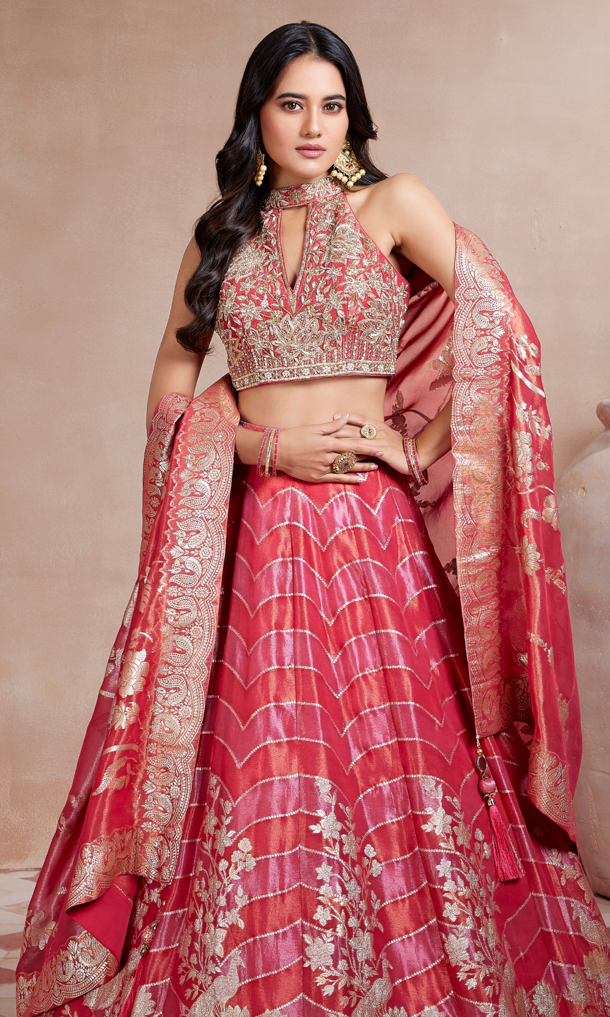 Pink Embroidered Sleeveless Lehenga With Stitched Blouse And Dupatta