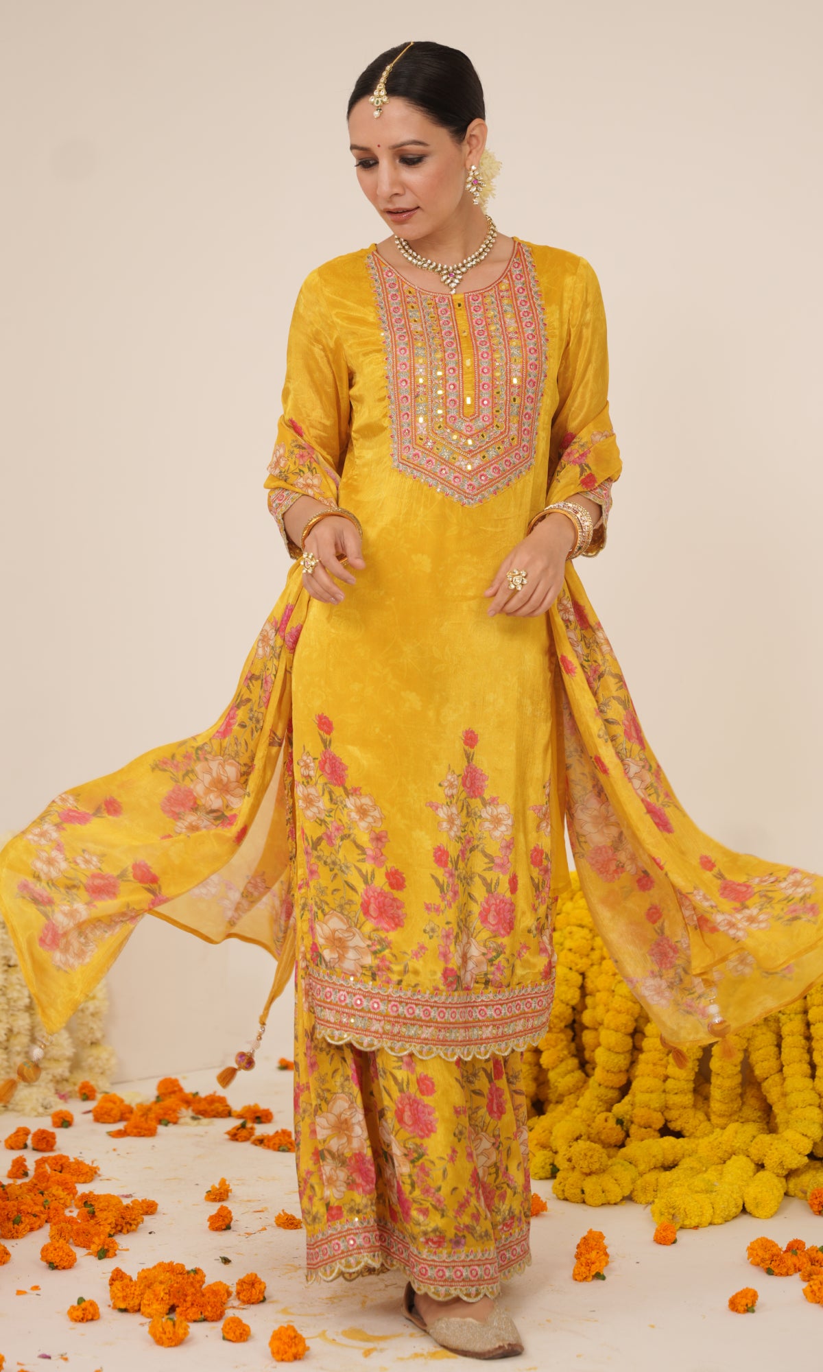 Mustard Semi Georgette Embroidered Sharara Set