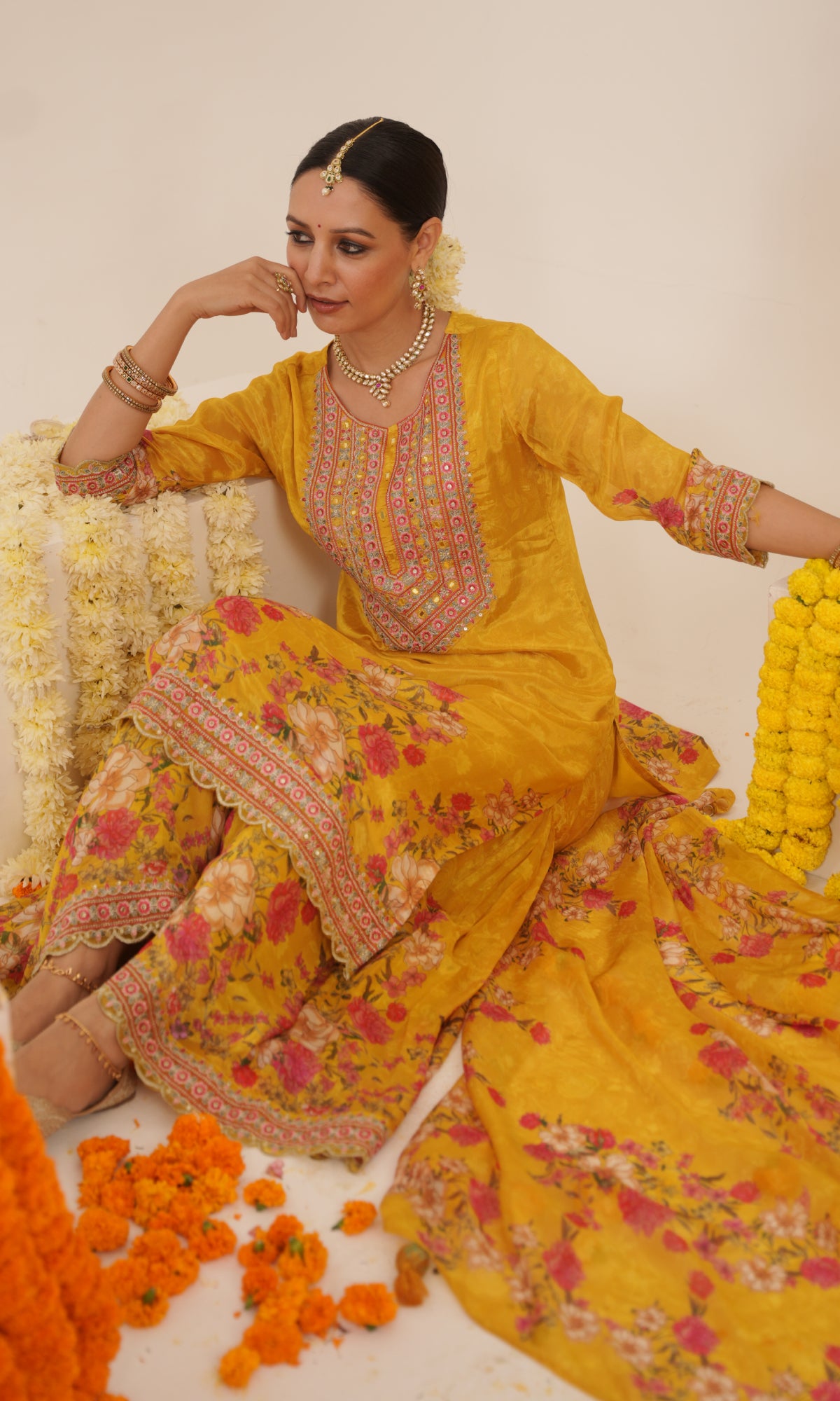 Mustard Semi Georgette Embroidered Sharara Set