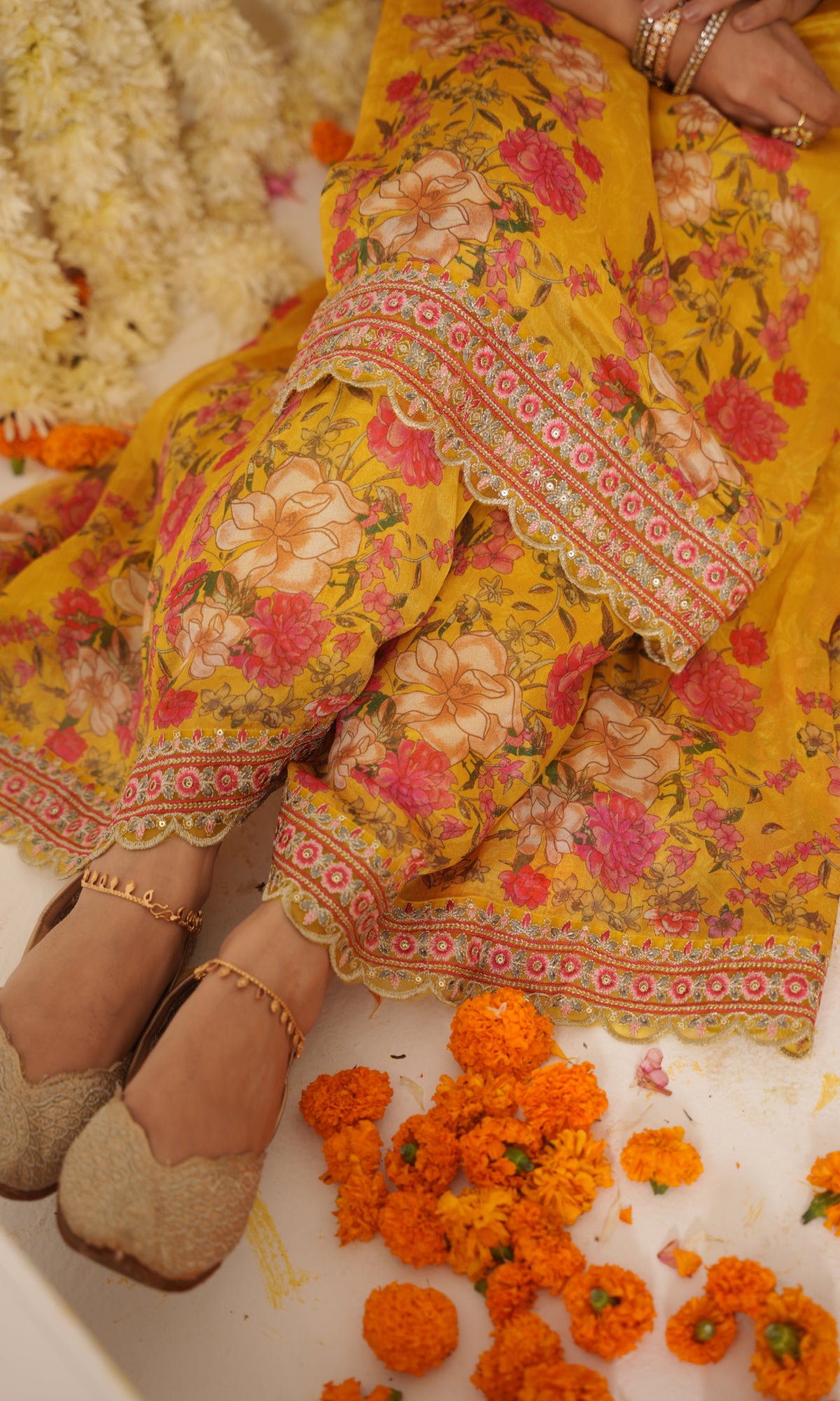 Mustard Semi Georgette Embroidered Sharara Set