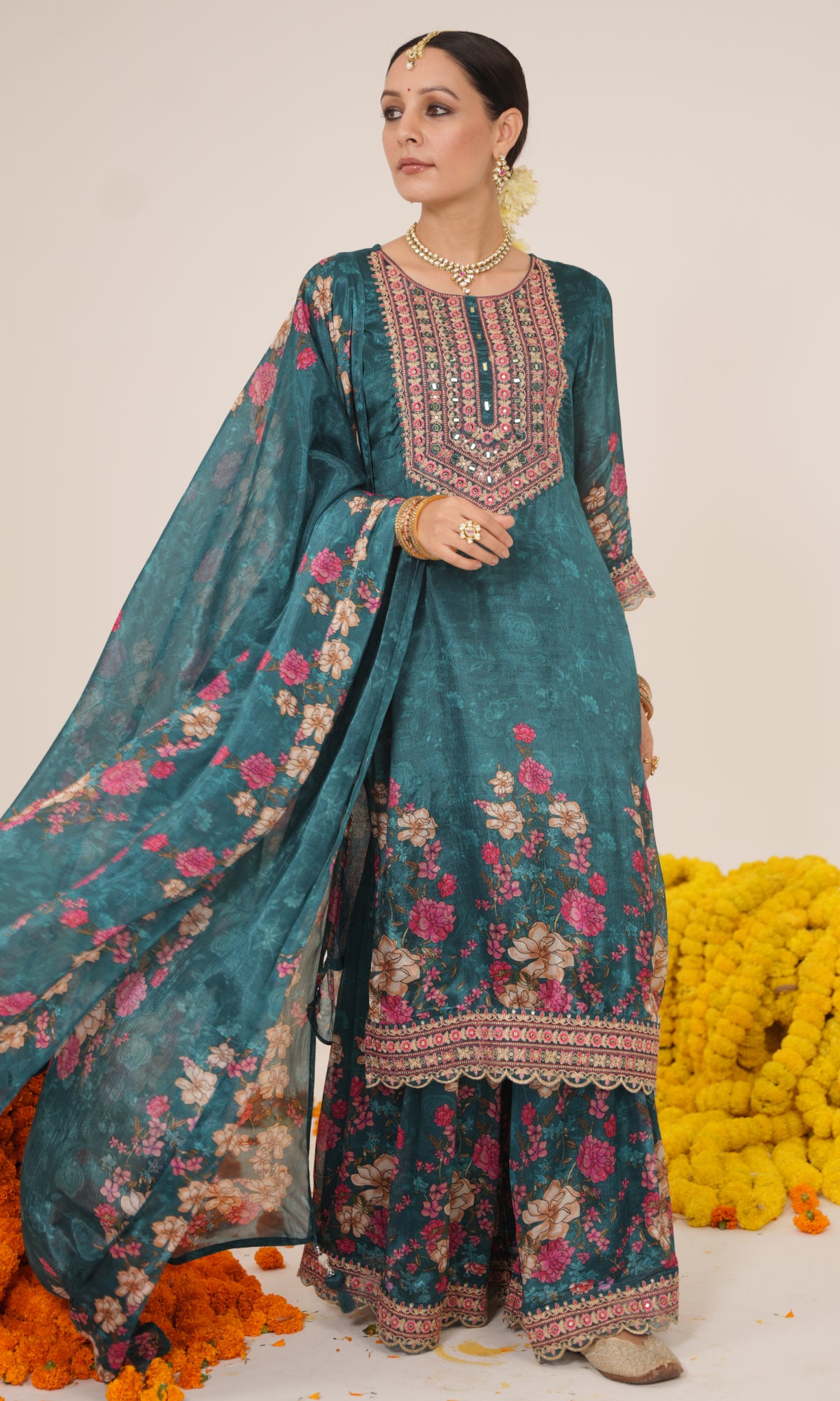 Teal Semi Georgette Floral Embroidered Sharara Set