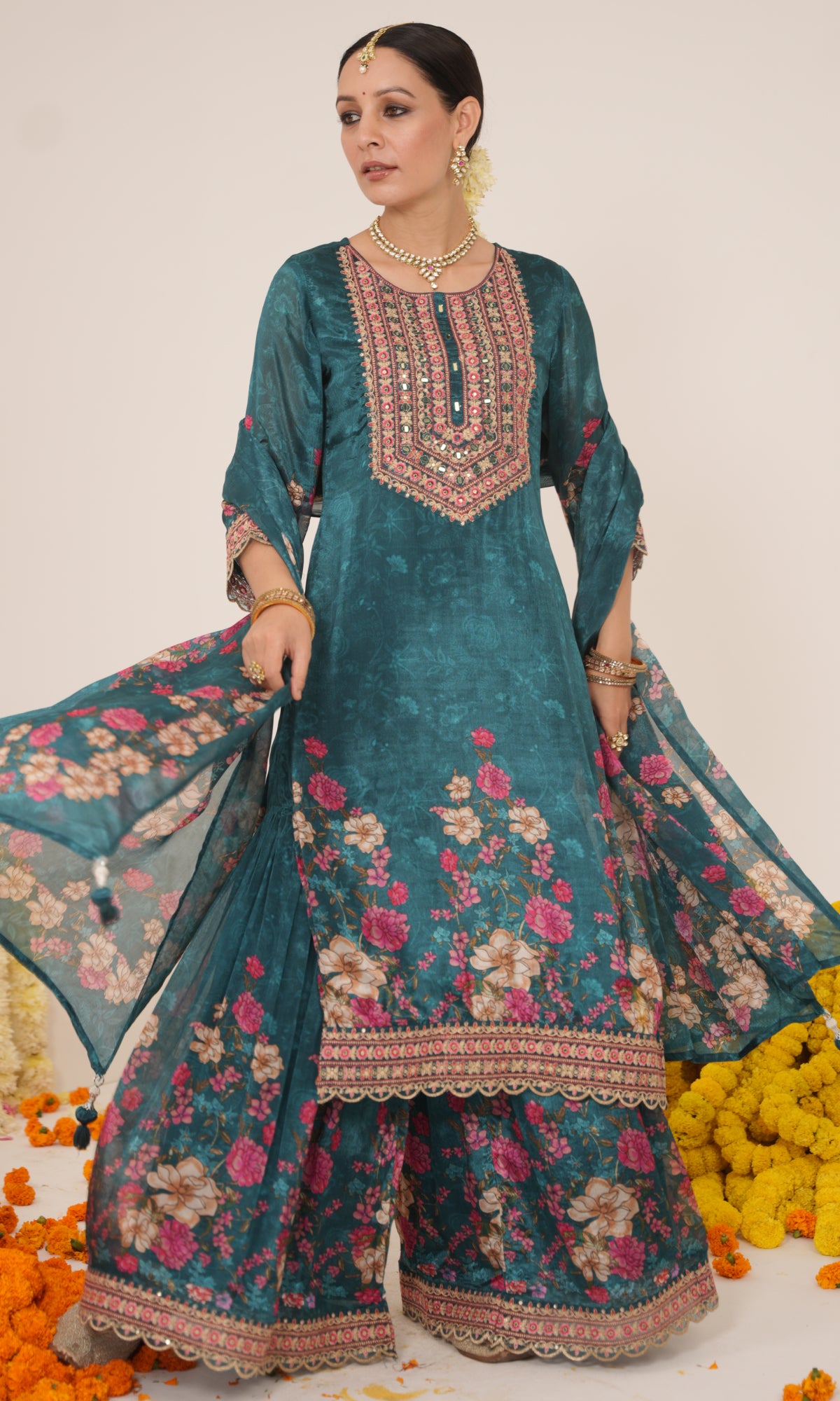 Teal Semi Georgette Floral Embroidered Sharara Set