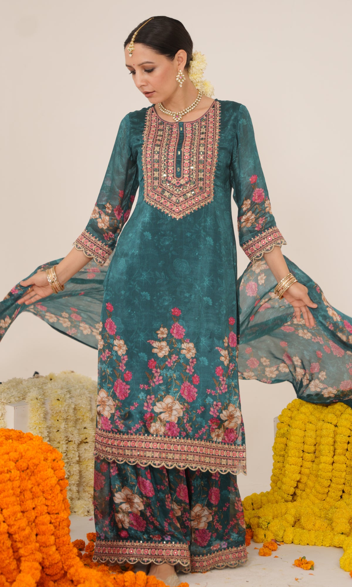 Teal Semi Georgette Floral Embroidered Sharara Set