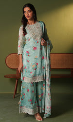Blue Semi Georgette Floral Embroidered Sharara Set