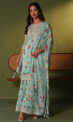 Blue Semi Georgette Floral Embroidered Sharara Set