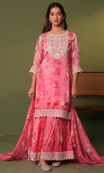 Pink Semi Georgette Floral Embroidered Sharara Set