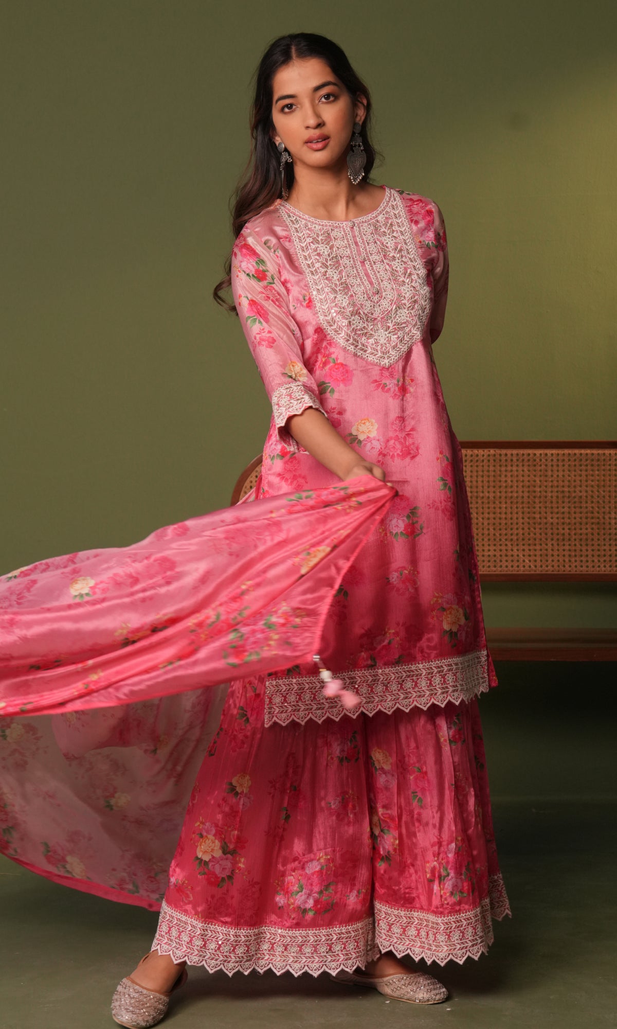 Pink Semi Georgette Floral Embroidered Sharara Set