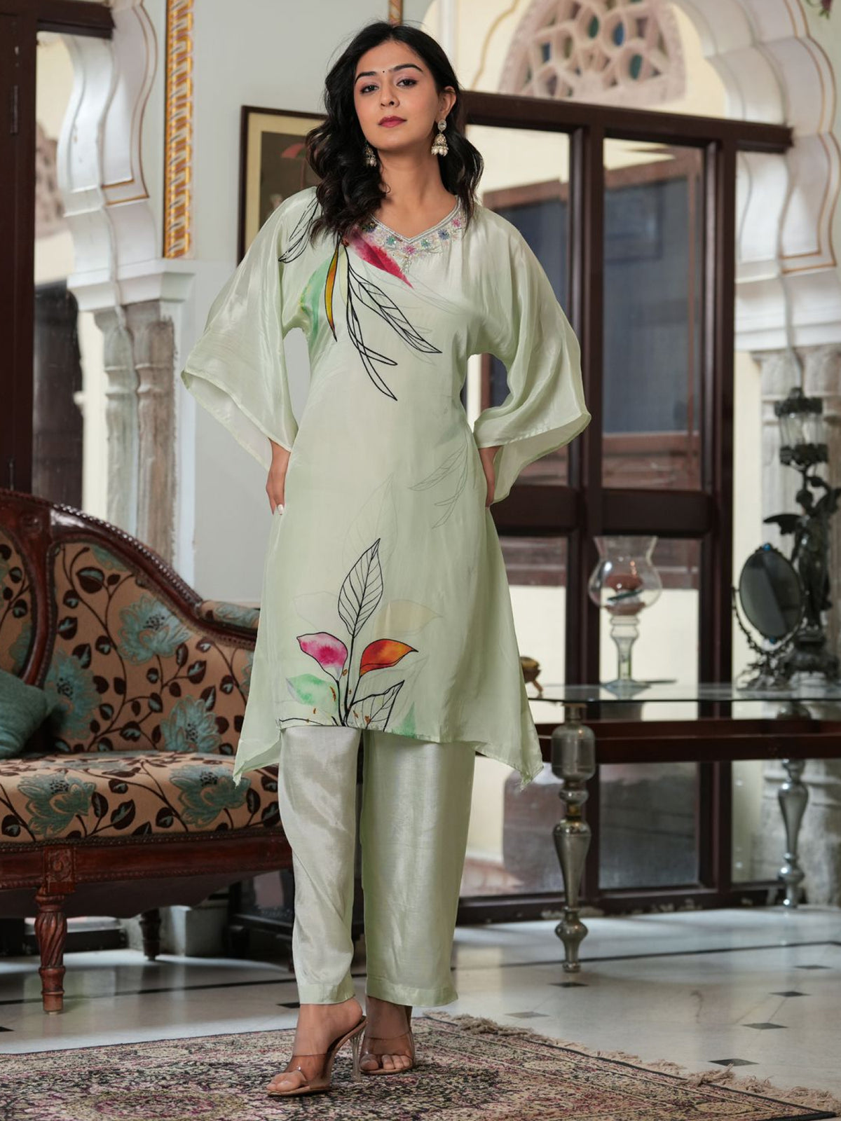 Green Semi Crepe Embroidered Co-ord Set