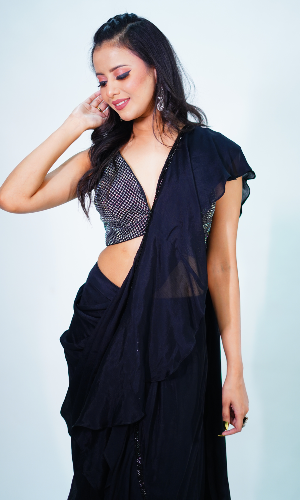 Black Semi Georgette Stone Work Saree