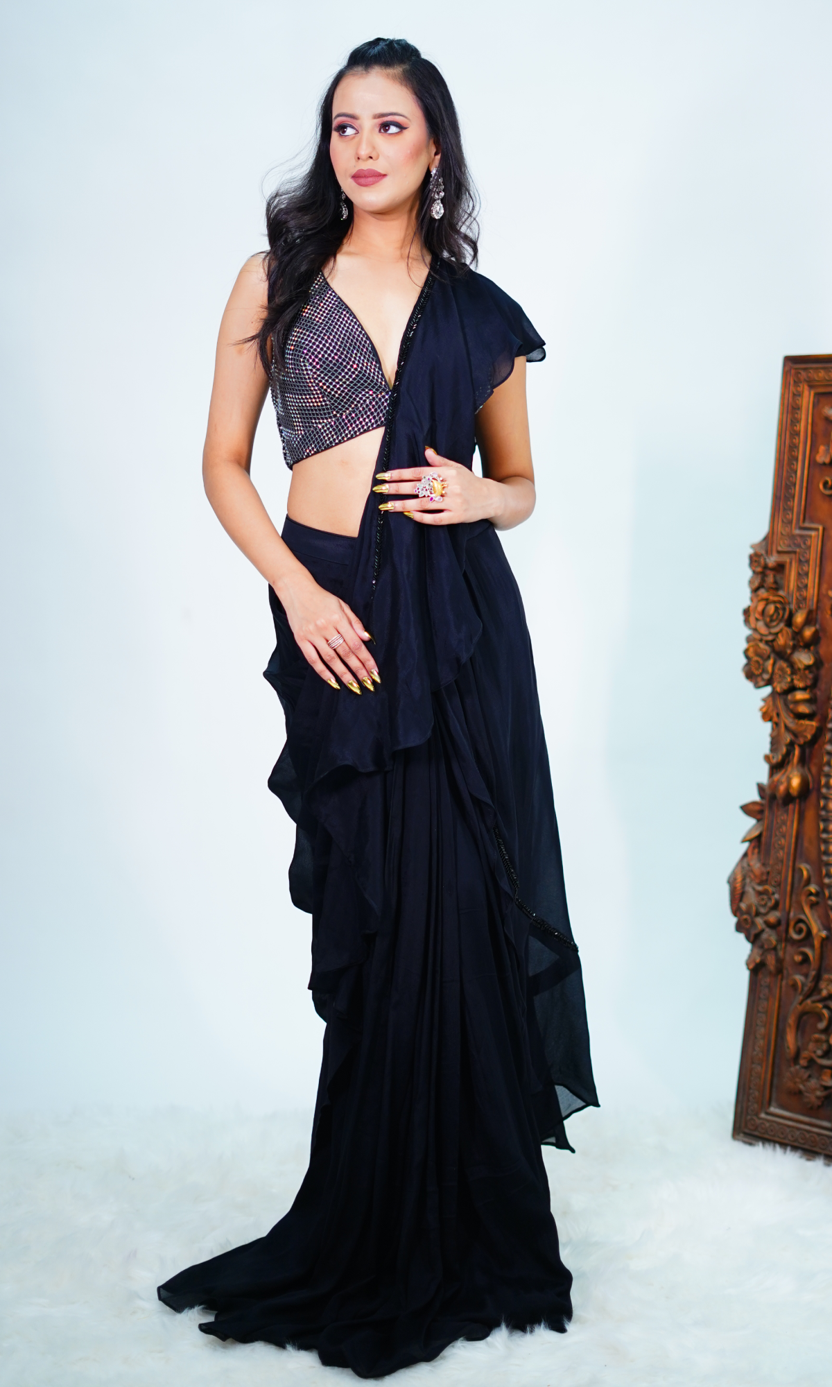 Black Semi Georgette Stone Work Saree