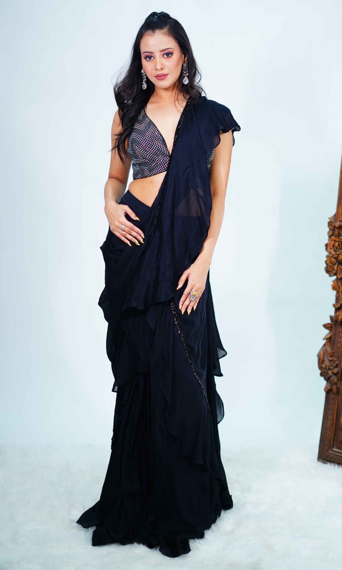 Black Semi Georgette Stone Work Saree