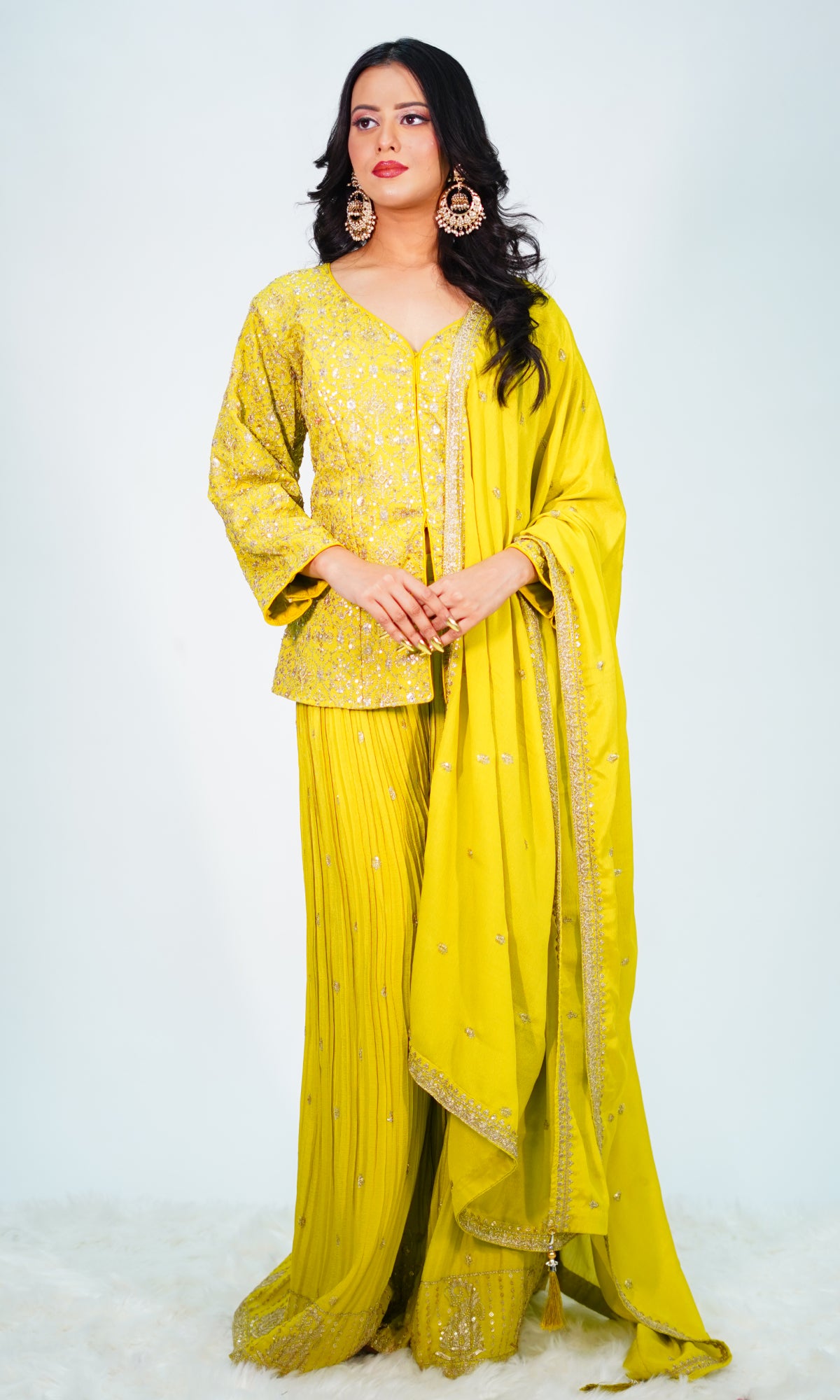 Neon Green Semi Georgette Embroidered Sharara Set