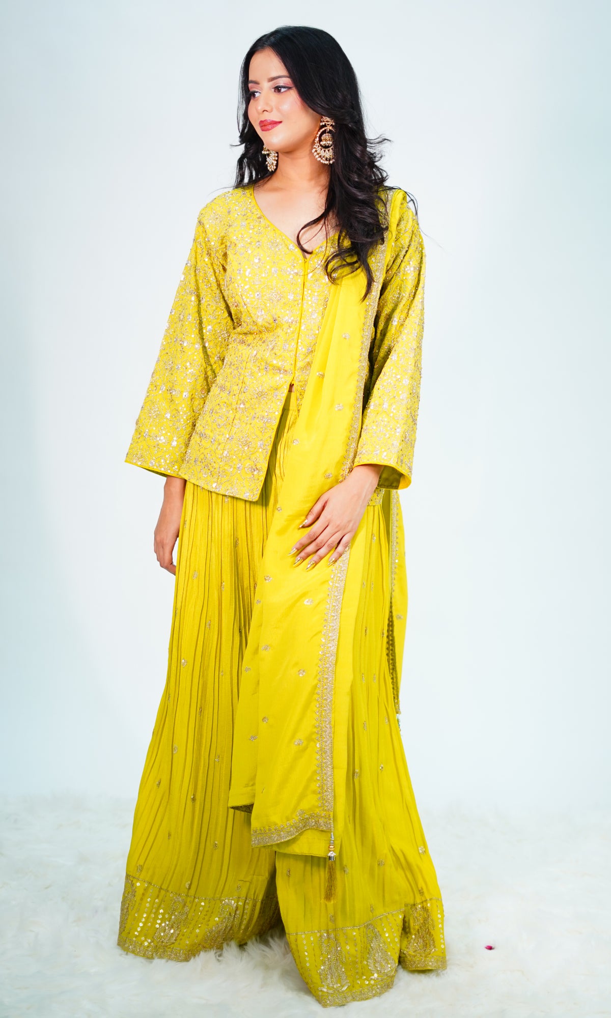 Neon Green Semi Georgette Embroidered Sharara Set