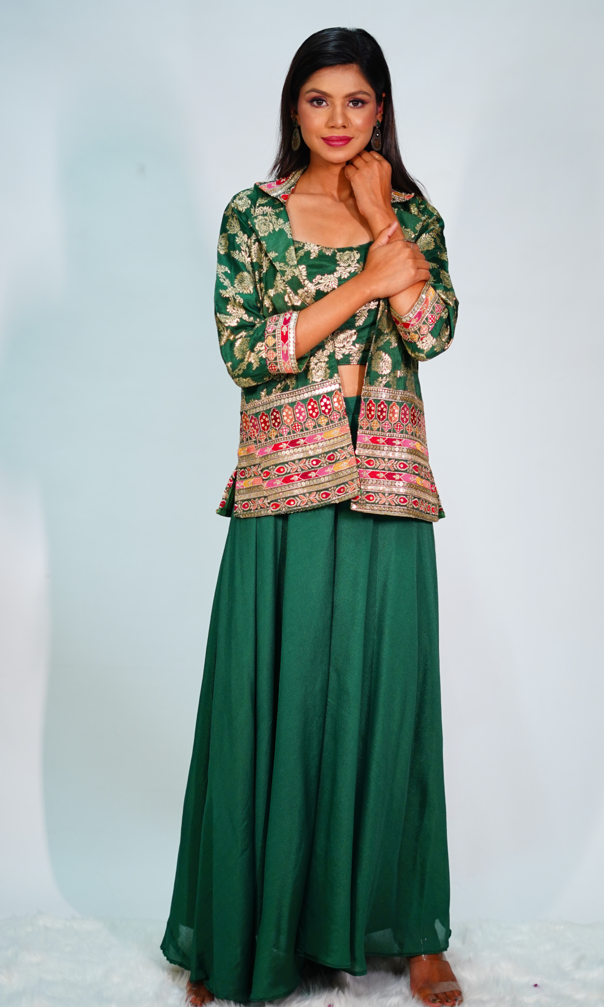 Green Raw Silk Banarasi Top And Palazzo With Jacket
