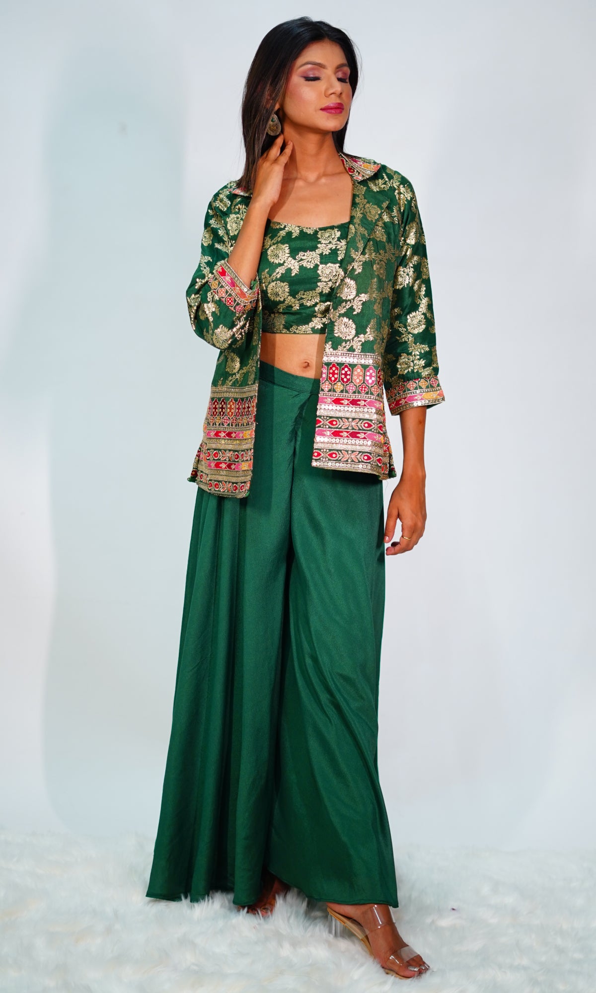 Green Raw Silk Banarasi Top And Palazzo With Jacket