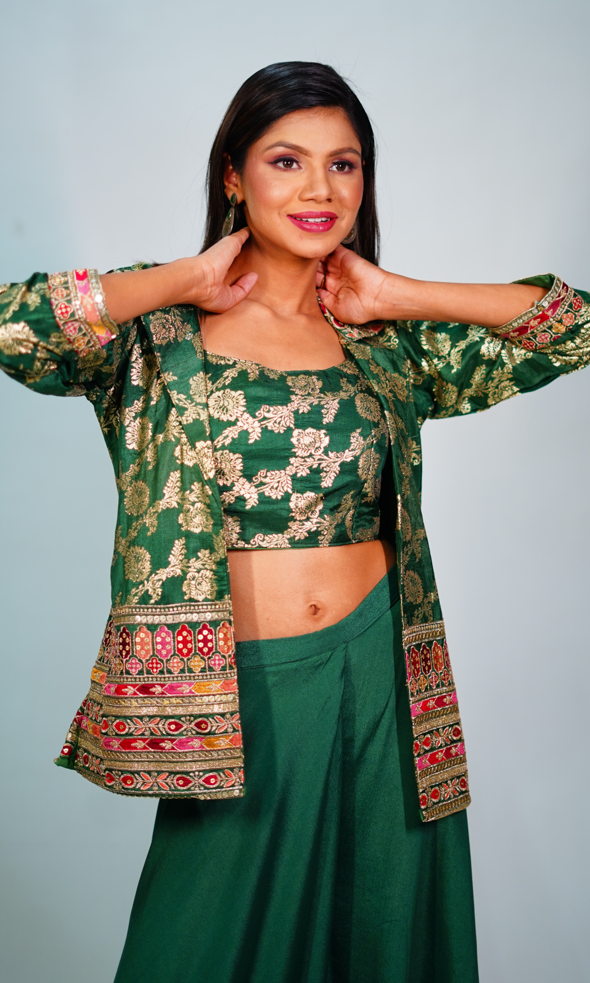Green Raw Silk Banarasi Top And Palazzo With Jacket