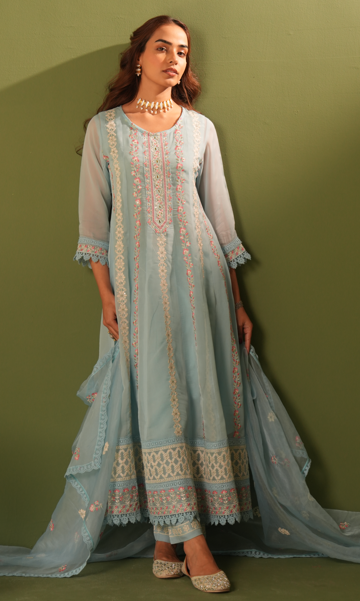 Blue Organza Resham work Anarkali Suit