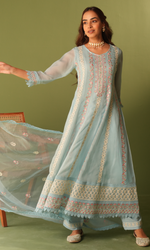 Blue Organza Resham work Anarkali Suit