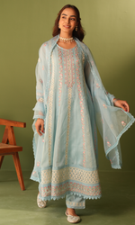 Blue Organza Resham work Anarkali Suit