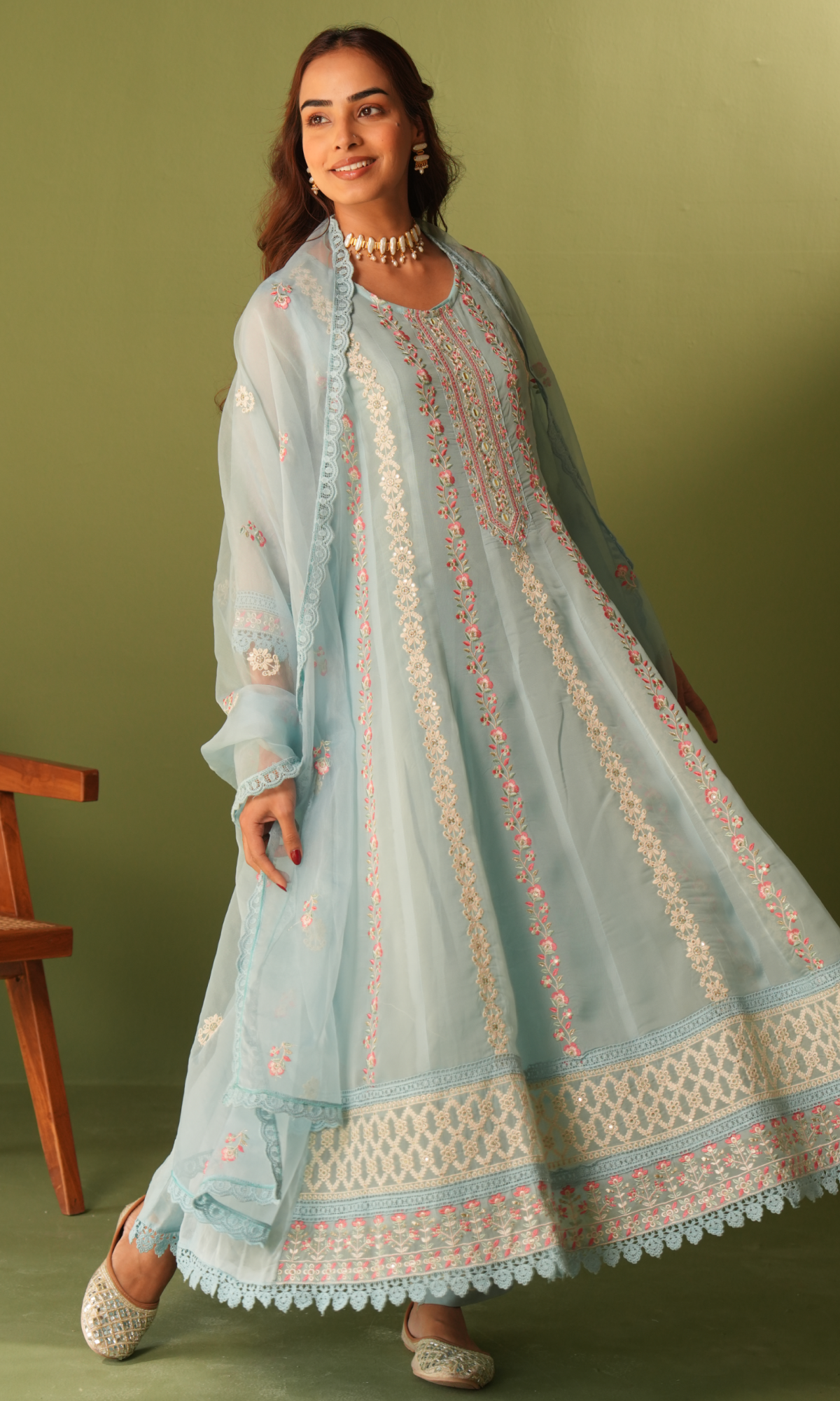Blue Organza Resham work Anarkali Suit