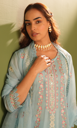 Blue Organza Resham work Anarkali Suit