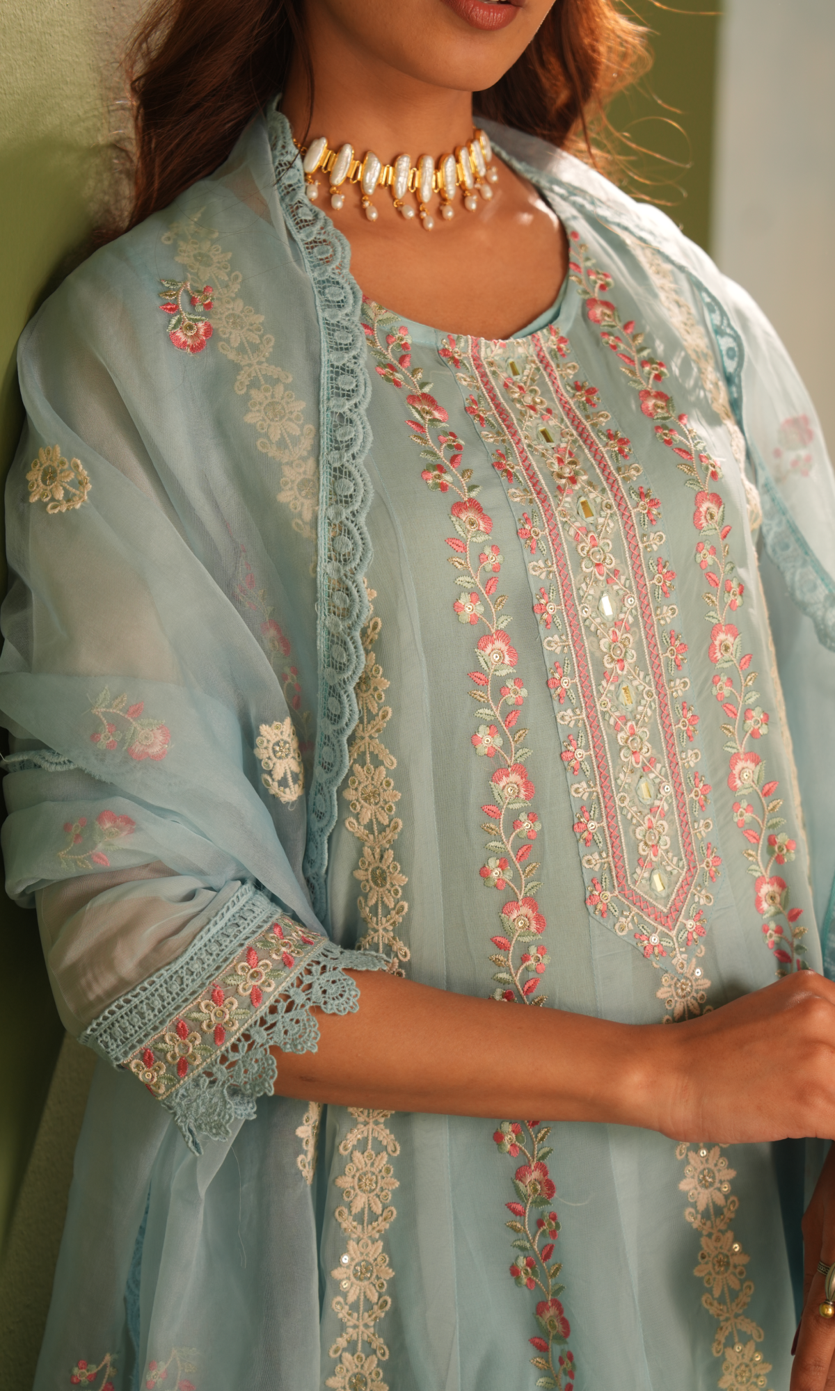 Blue Organza Resham work Anarkali Suit