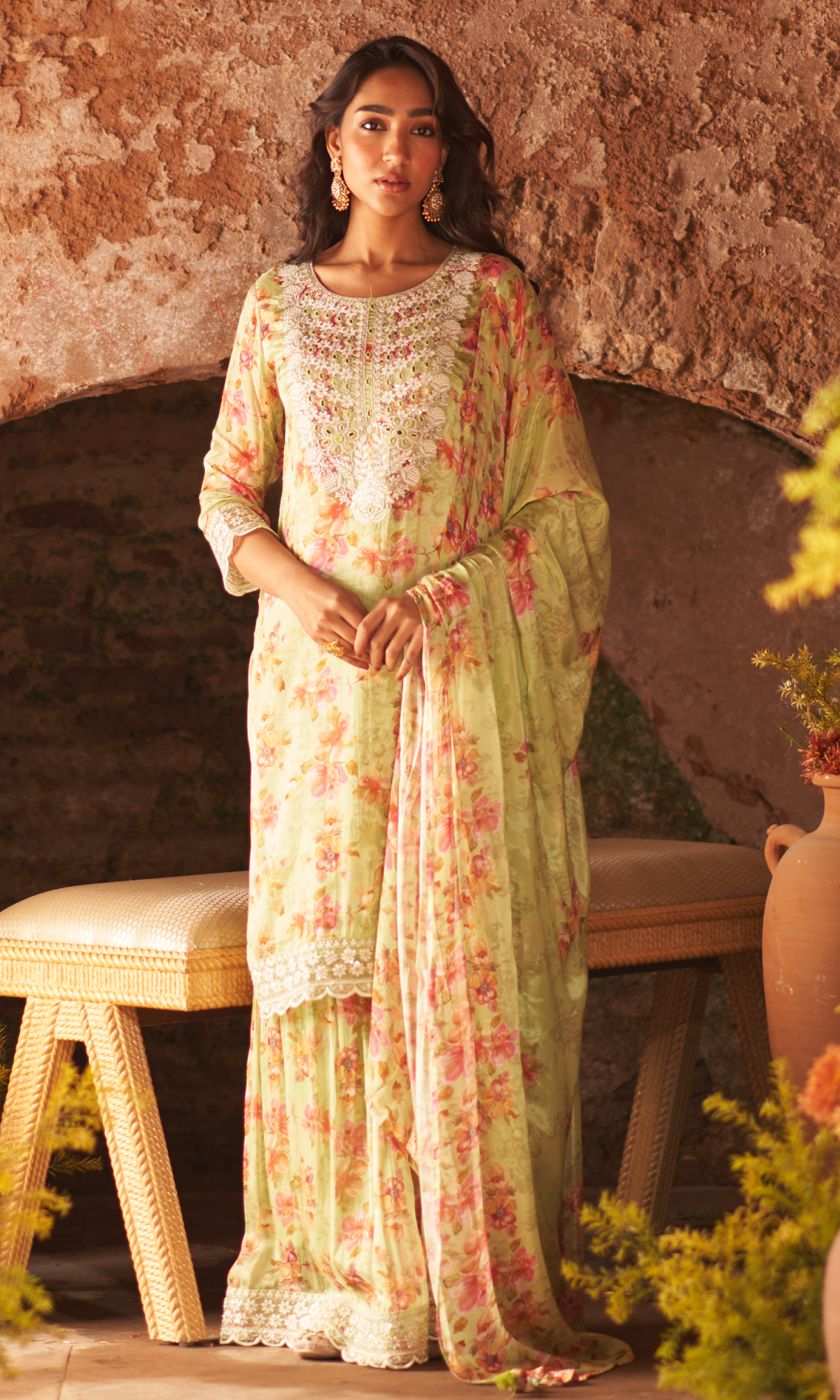 Light Green Semi Georgette Threadwork Sharara Set