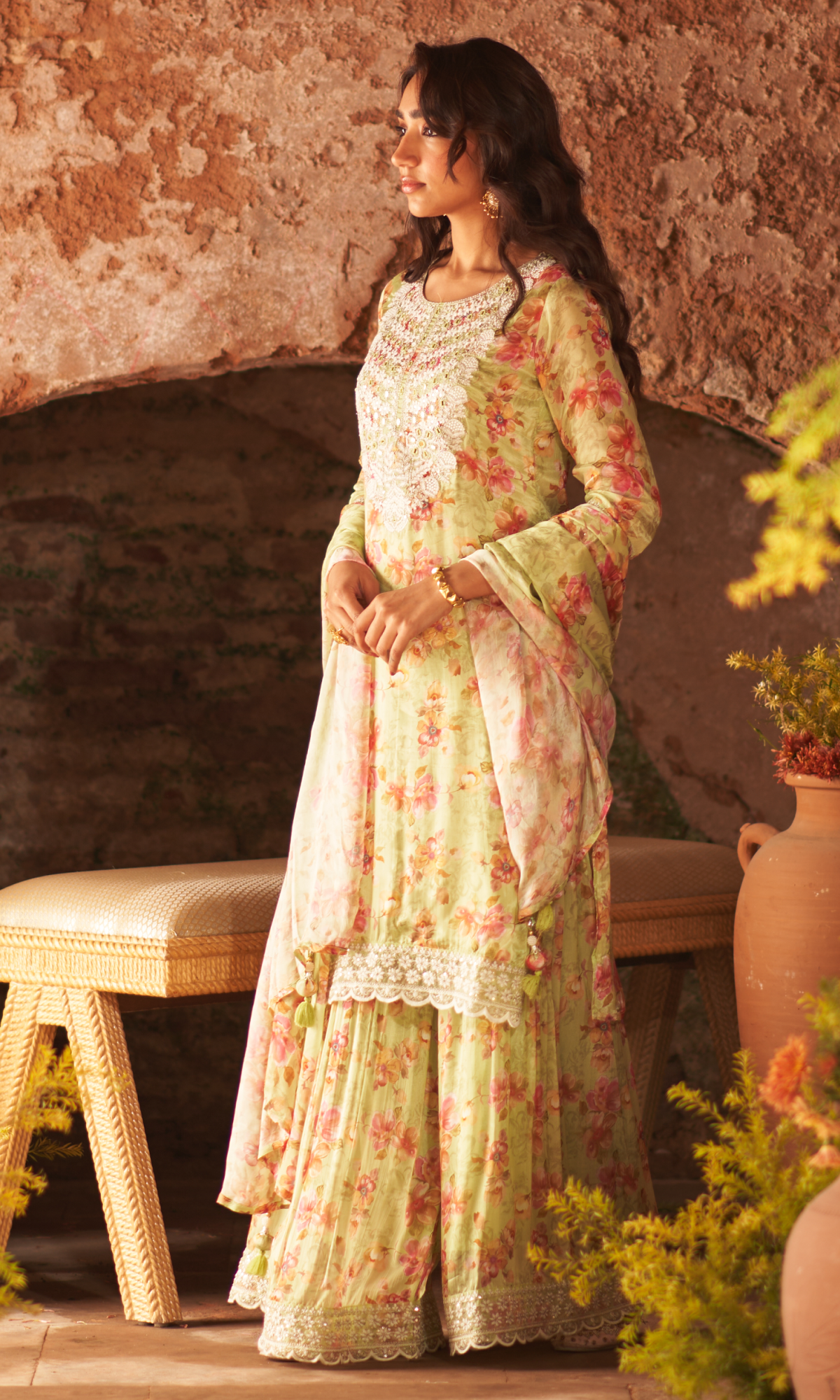 Light Green Semi Georgette Threadwork Sharara Set