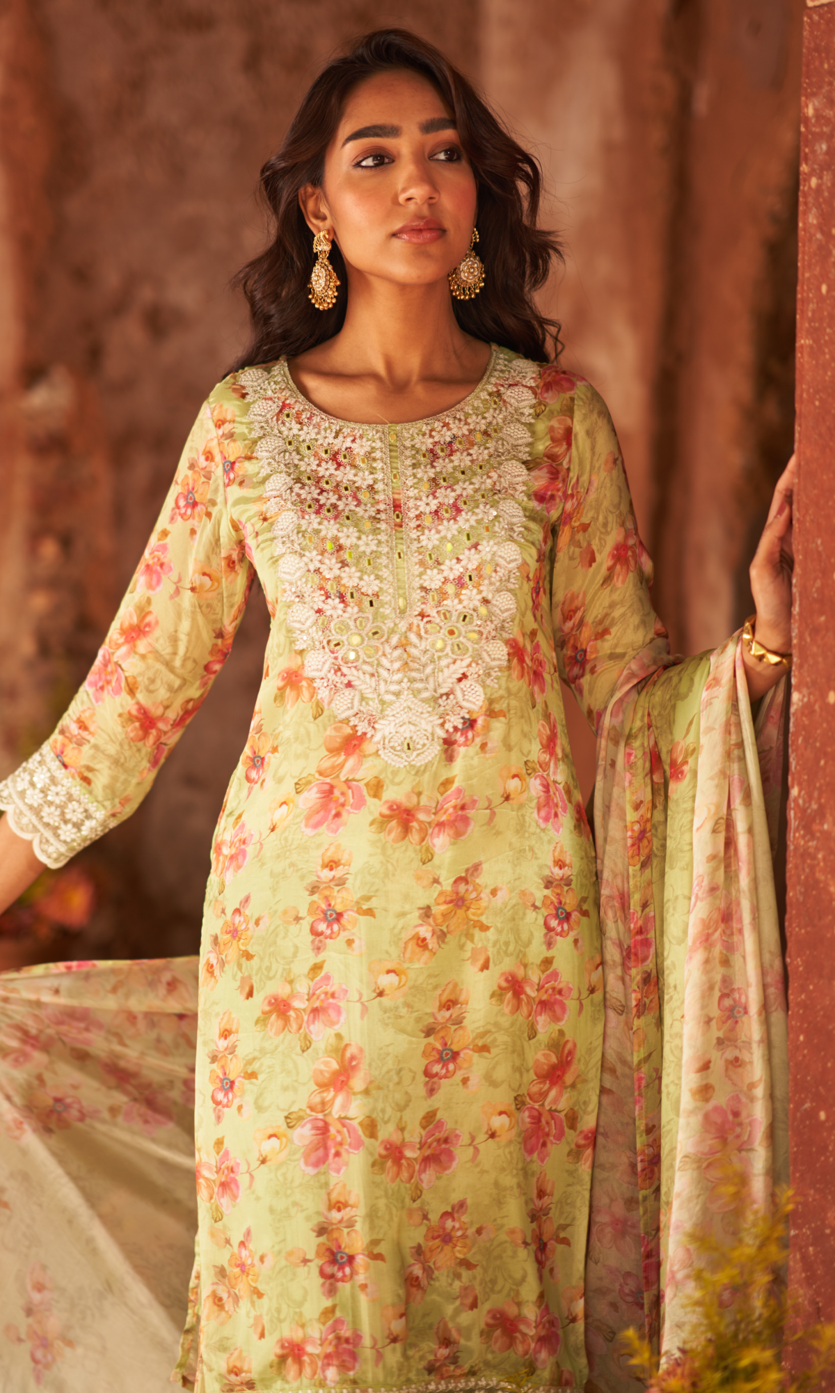 Light Green Semi Georgette Threadwork Sharara Set
