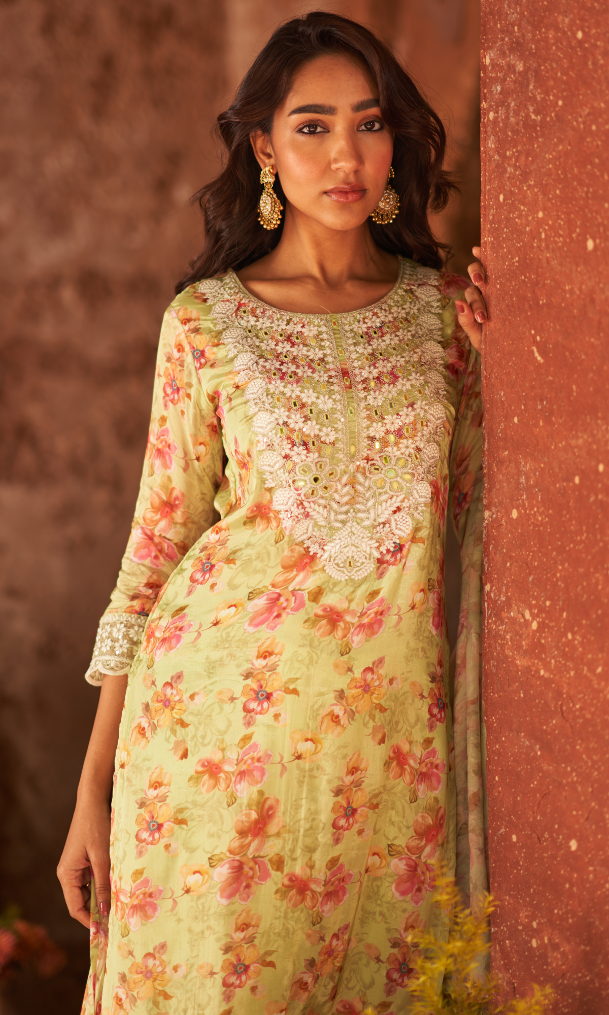 Light Green Semi Georgette Threadwork Sharara Set