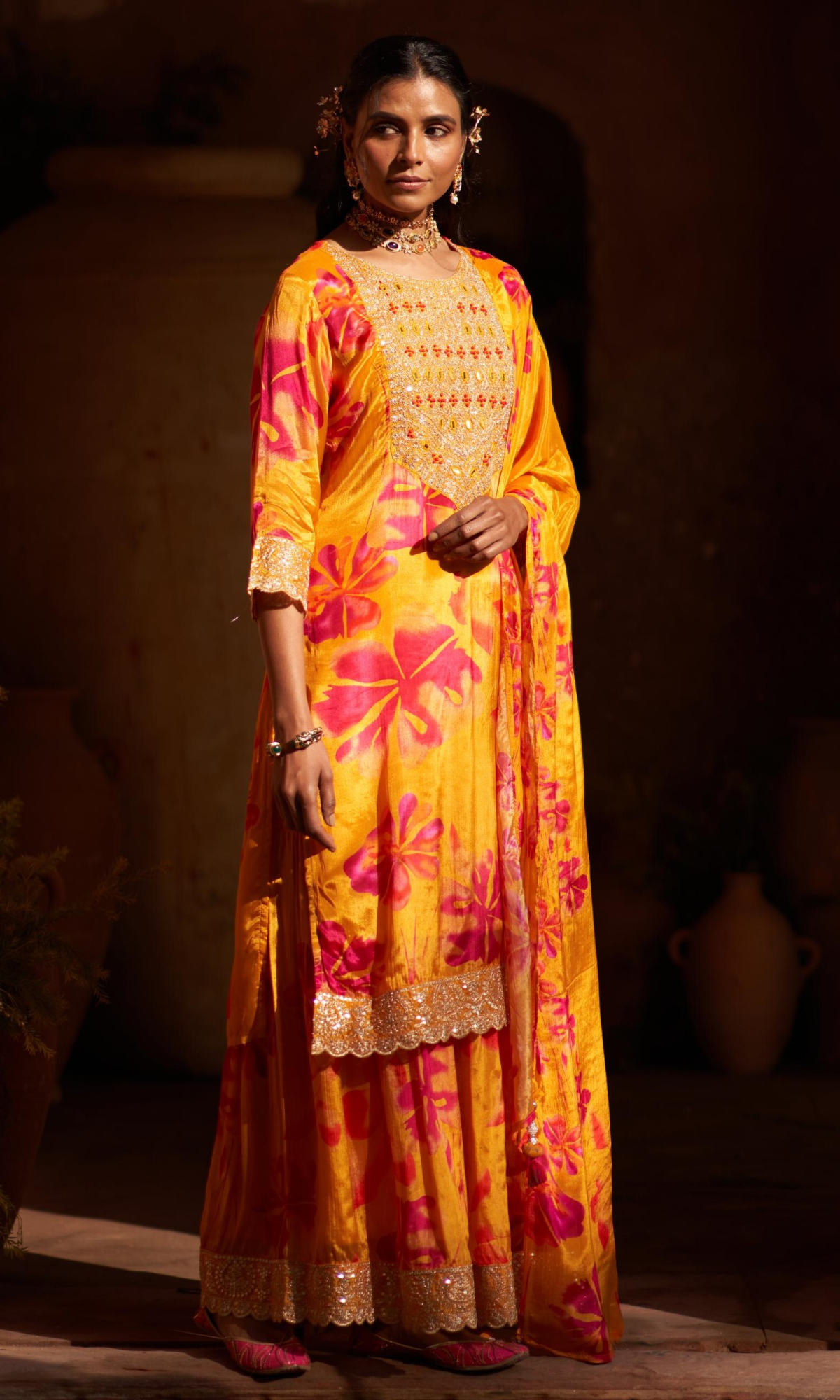 Mustard Orange Semi Georgette Threadwork Sharara Set