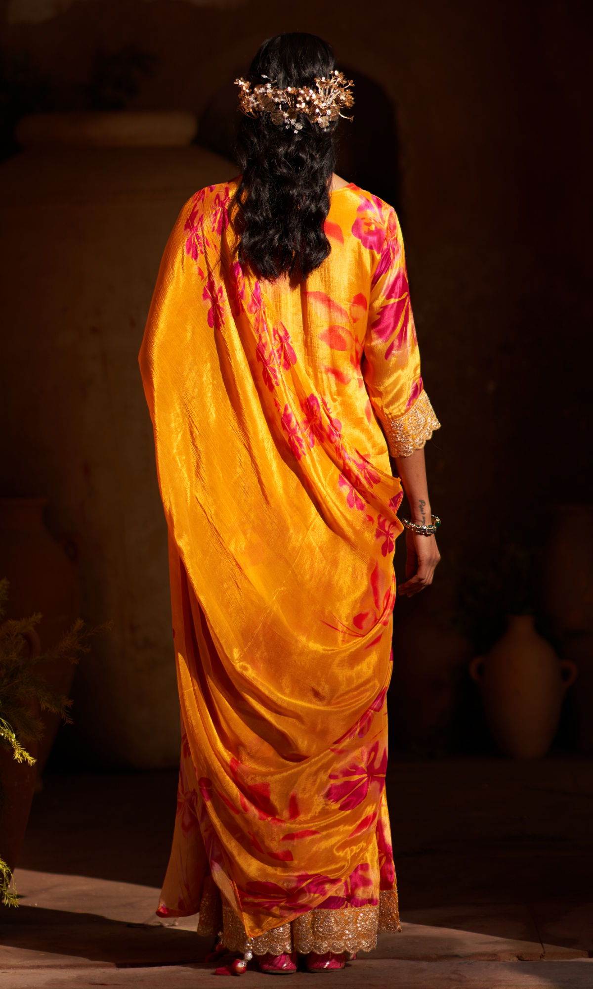 Mustard Orange Semi Georgette Threadwork Sharara Set