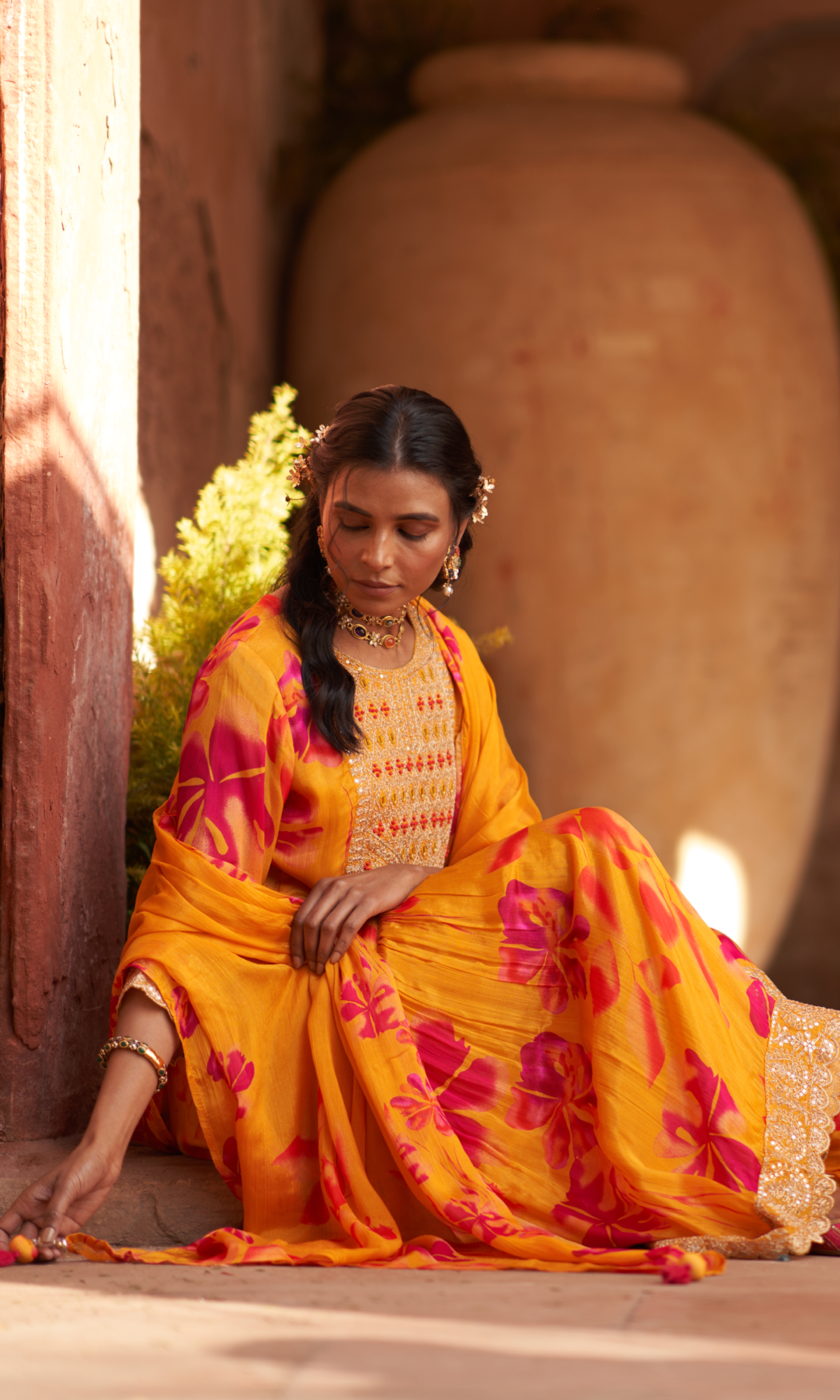 Mustard Orange Semi Georgette Threadwork Sharara Set