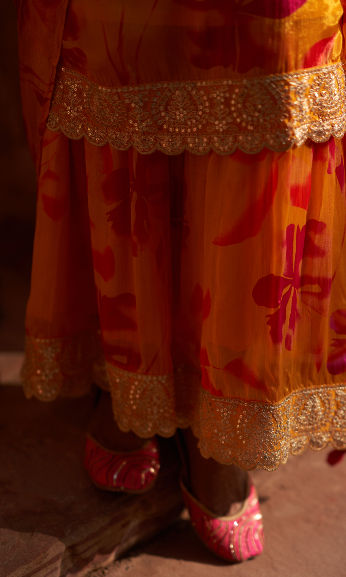 Mustard Orange Semi Georgette Threadwork Sharara Set