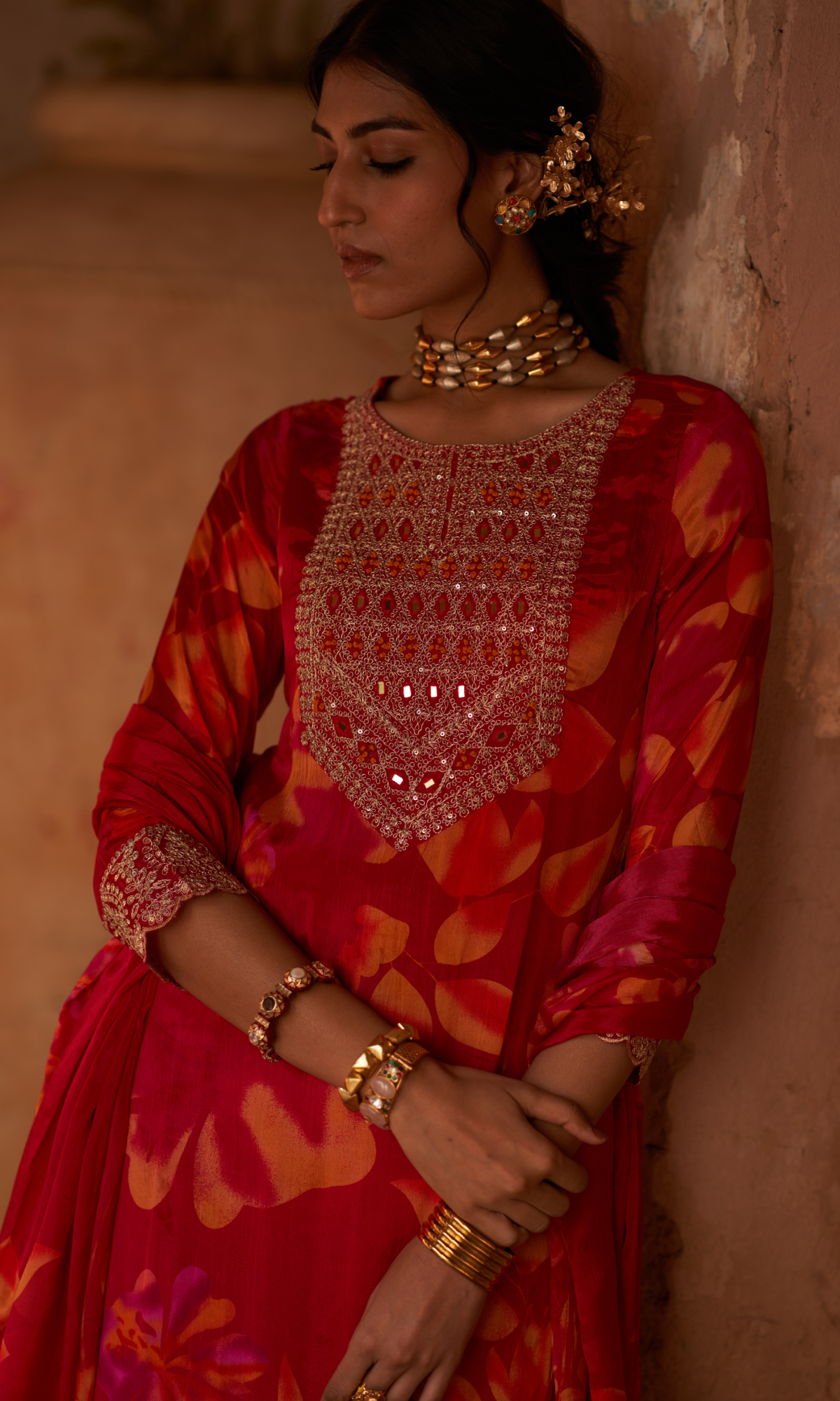 Magenta Semi Georgette Threadwork Sharara Set